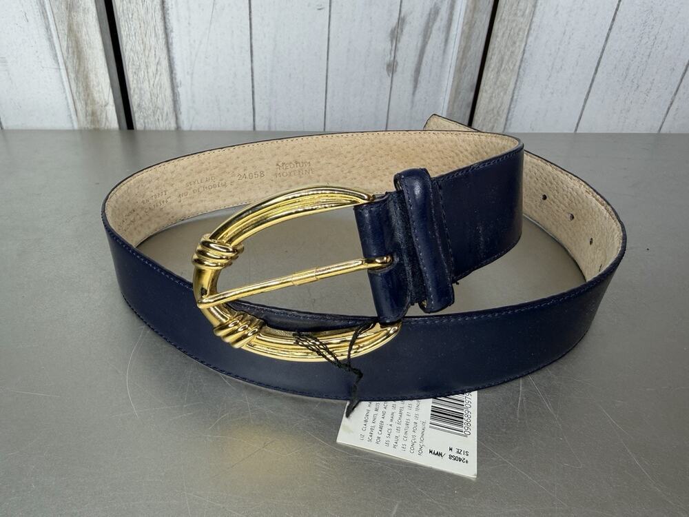 Vintage Liz Claiborne Navy Leather Belt Oval Gold Buckle 90s Classic Size Medium